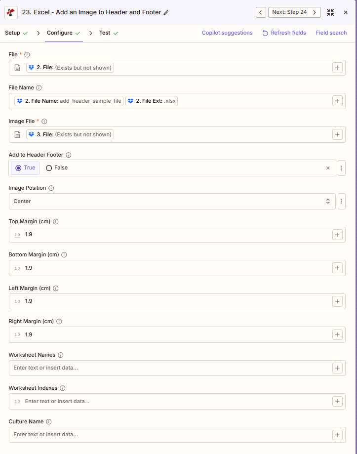 Büyütmek için tıklayın PDF4me Excel Resim Ekleme Üst Bilgi Alt Bilgi Zapier yapılandırması - Dosya, Dosya Adı, Resim Dosyası, Resim Adı, Üst Bilgi mi, Konum Sol Orta Sağ, Çalışma Sayfası Adları, Çalışma Sayfası İndeksleri, Üst Alt Sol Sağ Kenar Boşluğu